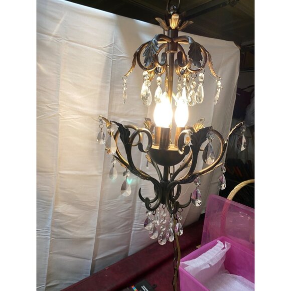 Chandelier 3 Light Antique Rubbed Brass Leaf Scroll 31 2-Tier Prism Crystals - Picture 5 of 16